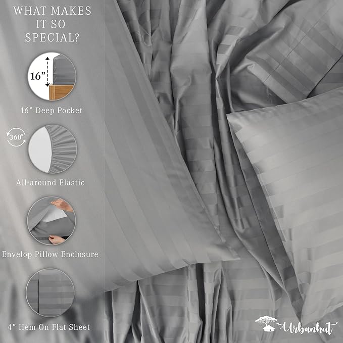 URBANHUT 800 Thread Count 100% Cotton Damask Full Size Sheets, 4 Piece Striped Full Size Bedsheets, Luxury Hotel Sheets Sateen Weave - Better Than Egyptian, 16" Elasticized Deep Pocket- Dark Grey