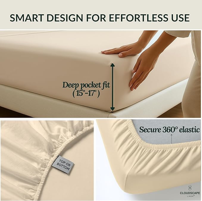 Cloud Scape Linen 100% Egyptian Cotton Split King Sheet Set for Adjustable Bed,400 Thread Count, 5 Pcs Bedding Set, Soft, Breathable and Durable, Deep Pockets up to 17, Ivory
