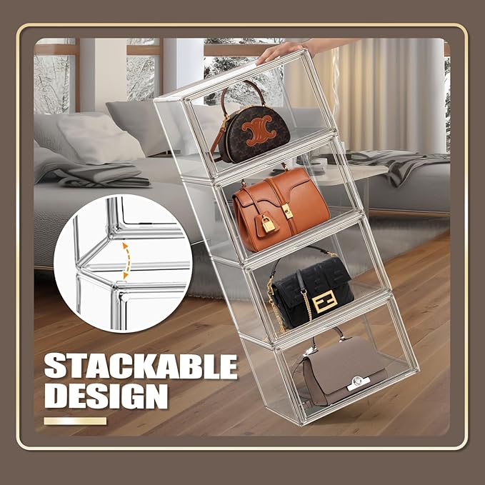 1 Pack Size 14 Acrylic Boot Shoe Box, X-Large Handbag Organizer Clear Storage Bins with Magnetic Lid Acrylic Display Case for Shoes, Book, Cosmetic, Figures, Collectibles, Purse