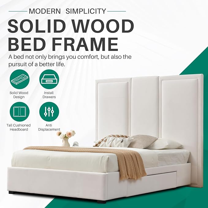 YUHUASHI Queen Size Bed Frame with 64-inch High Headboard, Simple and Airy Linen Upholstered Platform Bed with Storage Drawers, Wood Slat, No Noise (White, Queen (U.S. Standard))