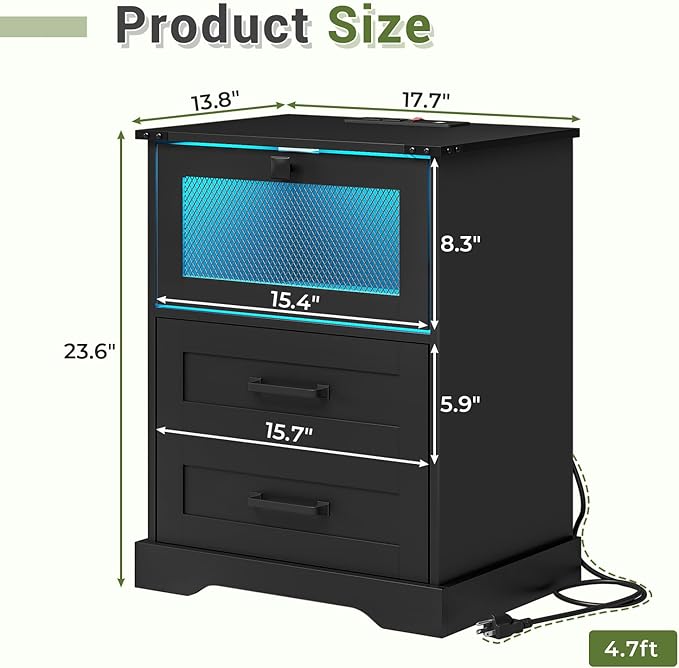 Hasuit Night Stand with Charging Station and LED Lights, Farmhouse Nightstand with 2 Drawers, Black Bedside Table for Bedroom