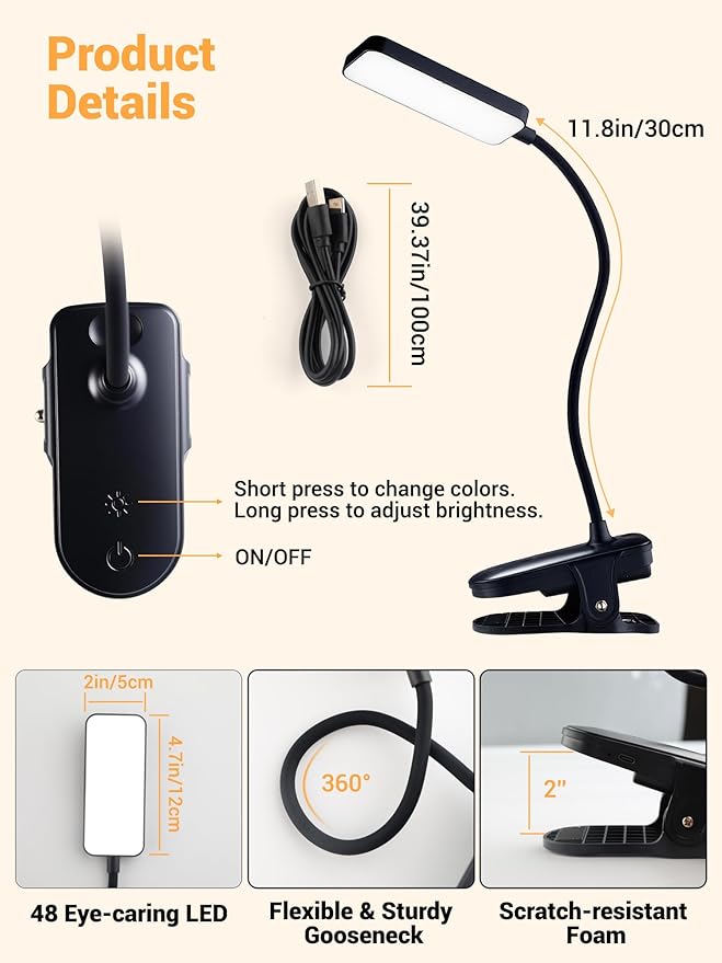 Clip on Light,9 Brightness+5 Color Rechargeable Desk Lamp,4000mAh Battery Operated Lights,450 Lumen 48 LED Desk Lamp with Clamp Light,Cordless Reading Lamps for Bed/Headboard/Bedside Table