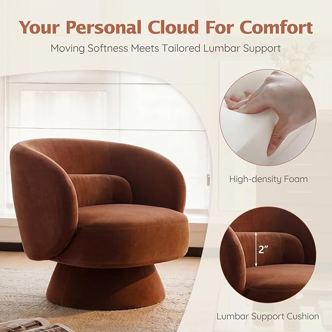 Swivel Accent Chair, Modern 360 Degree Swivel Barrel Chair with Arms & Curved Back and Lumbar Support Cushion, Comfy Round Single Sofa for Small Space, Living Room, Bedroom, Dark Rust Rayon