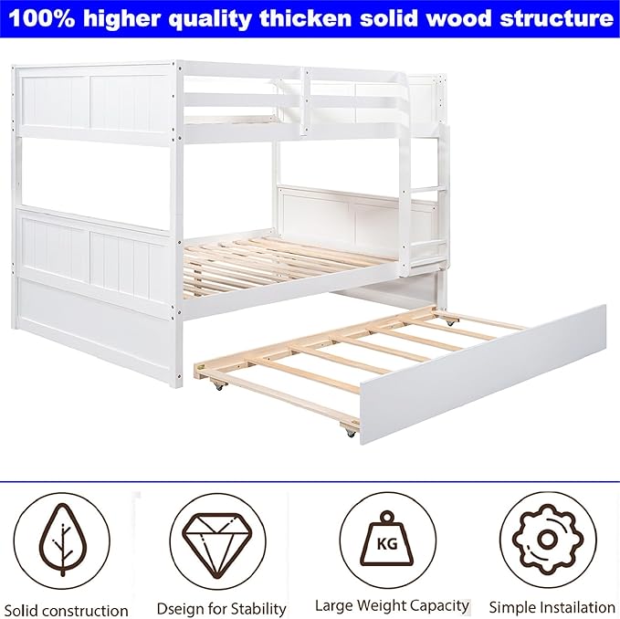 Upgraded Version Best Full Over Full Bunk Bed with Trundle, Thicken Solid Wood Full Size Bunk Bed, Bunkbed Frame Full Over Full, Convertible to 2 Beds, Easy Assembly for Adults (White)