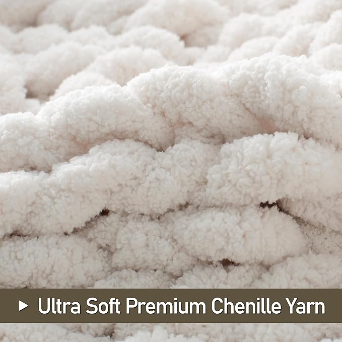 Chunky Knit Throw Blanket 50"X 60", 100% Handmade with Soft Chenille Yarn, 4.4lbs Thick Cable Knitted Blankets, Large Rope Knot Crochet Throws for Couch Sofa Bed Home Decor, Cream White