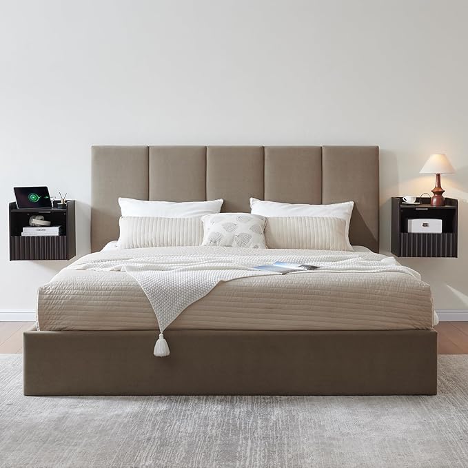 Modern Fluted Floating Nightstand Wall Mounted - Bedside Table with Storage Drawer & Display Shelf, Minimalist Bedroom Furniture for Studio Apartments(Espresso)