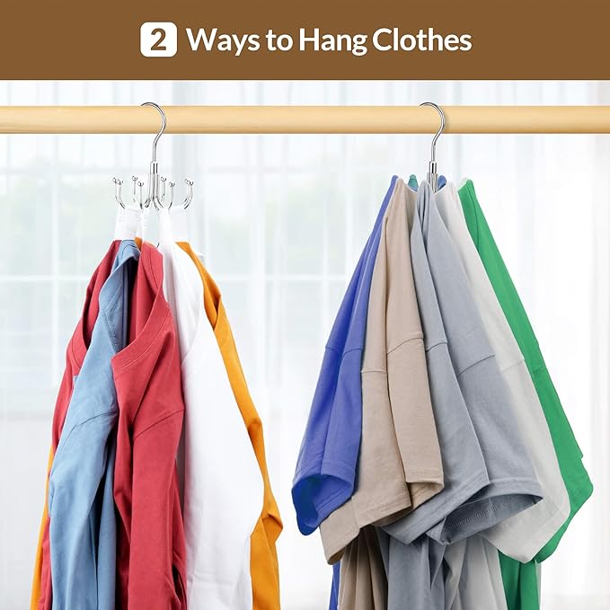 ZEDODIER 2 Pack Space Saving Hangers for Clothes,Rotatable Sturdy Shirt Hangers with 16 Hooks, Non Slip Multiple Shirt Organizer for T-Shirts Sweatshirts Hoodies, Silver