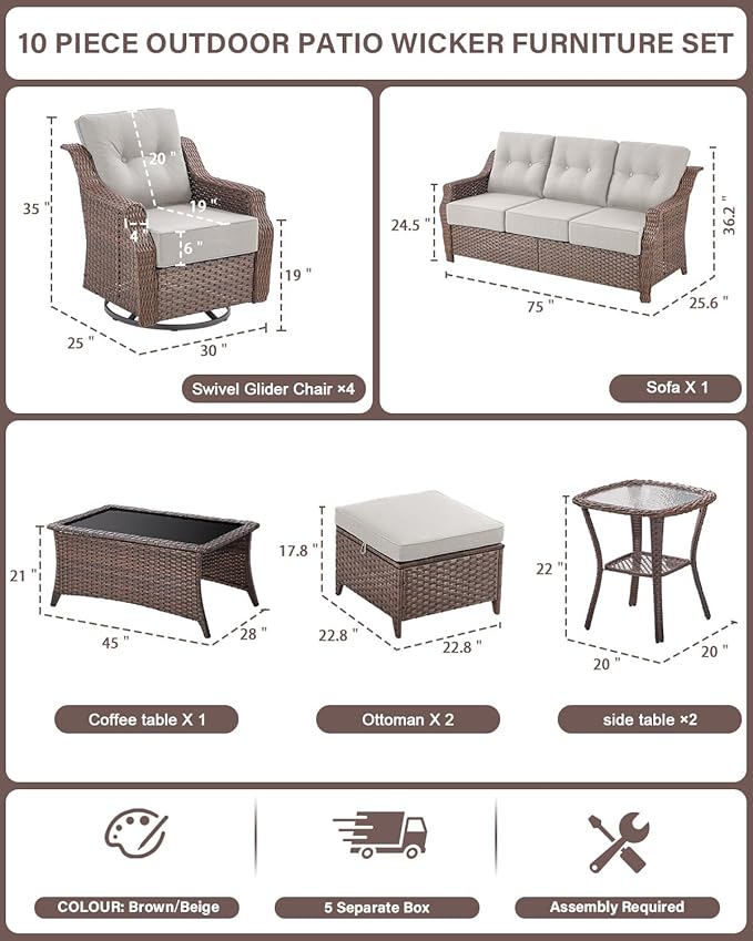 10 Piece High Back Outdoor Patio Furniture Set - Patio Conversation Set with Swivel Rocker Outdoor Chairs Set of 4 and 3 Seater Sofa, Wicker Ottoman and Coffee Table for Garden Backyard