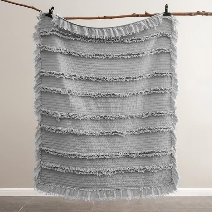 Ultra Soft Pre-Washed Quilted Boho Grey King Size Blankets for Bed, Ruffle Fringed Decorative Throw, Stone Washed Chic Rustic Blanket for Sofa Couch Bed, 104"*90"