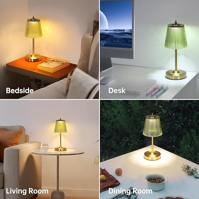 Small Table Lamp with 5200mAh Battery & Touch Control - 3 Adjustable Color Temperatures, Dimmable Rechargeable Table Lamps for Living Room, Bedroom, Bedside (Green Stripe)