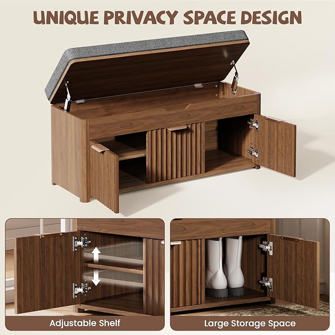 Shoe Bench with Storage - Lift Top Entryway Bench with Hidden Storage, Shoe Rack with Adjustable Shelves and Cushioned Seat, Wooden End of Bed Bench for Bedroom, Living Room and Hallway,Walnut