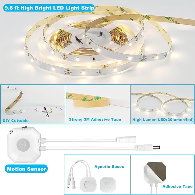 Motion Sensor LED Light Strip, 9.8 Feet Flexible Warm White Motion Activated Led Strip Lights with Adjustable Timer & UL Power Supply for Under Cabinet, Stairs, Bed Lighting Decoration.