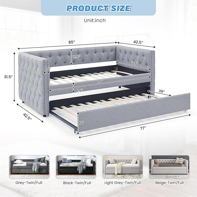 Antetek Daybed with Trundle, Upgraded Linen Upholstered Twin Size Day Bed Button-Tufted Sofa Daybed Frame with A Trundle,No Box Spring Needed,Furniture for Bedroom Living Room (Light Grey, Twin)