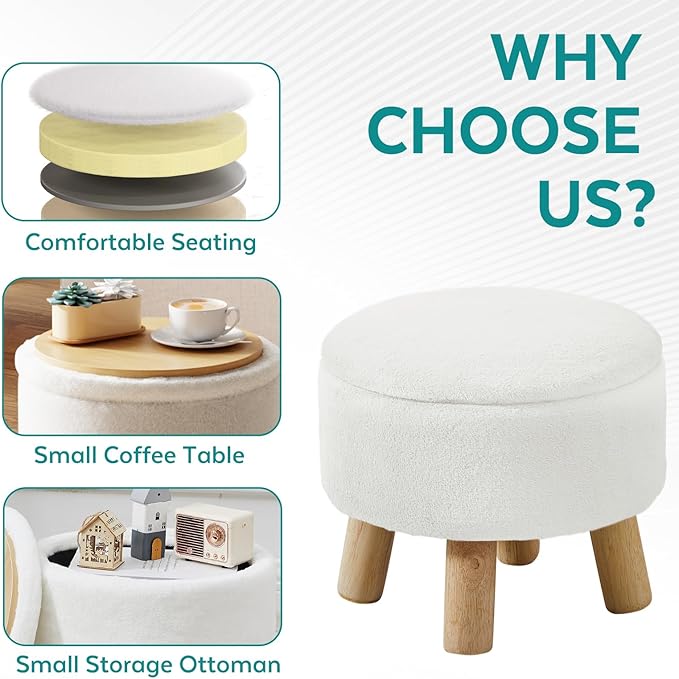 FIMIVIBI Small Foot Stool Ottoman with Storage, Soft Faux Fur Ottoman Foot Rest for Couch, Round Footstool with Storage, Small Ottomans and Footstools for Living Room and Entryway (White)