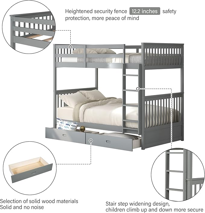 Merax Wood Bunk Bed with Drawers,Convertible Wood Bunk Bed with Ladders and Two Storage Drawers,Solid Wood Detachable Bunk Bed Frame with Ladders,Twin Over Twin Size,Grey