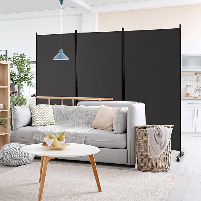 GOFLAME 3 Panel Folding Room Divider, 6FT Rolling Privacy Screen with Lockable Wheels, Portable Room Partition Screen, Freestanding Wall Divider and Separator for Home Office, Grey