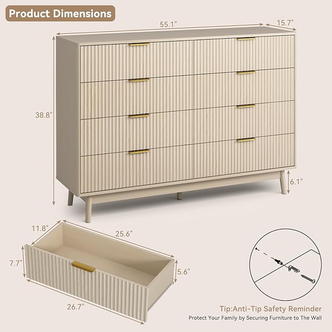 CARPETNAL Fluted 8 Drawer Dresser for Bedroom, 55" Wide Wooden Chest of Drawers with Rounded Corners, Gold Handles, Modern Storage Organizer for Bedroom, Hallway(Beige)