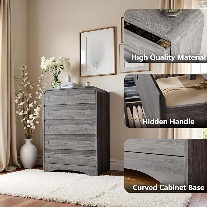 Grey Dresser for Bedroom with 6 Drawers, Tall Dressers & Chest of Drawers with Curved Profile Design, Modern Wood Closet Clothes Storage Dressers Organizer for Bedroom Living Room Hallway