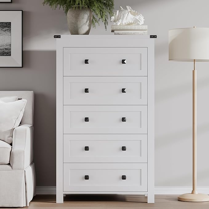 Tall 5-Drawer Dresser, Modern Wooden Storage Chest of Drawers, Dresser TV Stand, Wood Drawer Organizer with Metal Handles for Bedroom, Living Room, Hallway