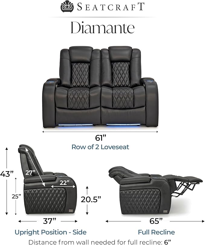 Seatcraft Diamante Zero-Gravity CoolZero Italian Leather Home Theater Seating, Power Headrest, Power Recline, Row of 2 Loveseat, Black