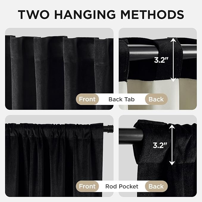 Joydeco Black 100% Blackout Curtains 90 Inch 2 Panels, Luxury Thermal Insulated Black Velvet Curtains for Bedroom Living Room, Soundproof Blackout Window Drapes, Rod Pocket & Back Tab (62W x 90L)