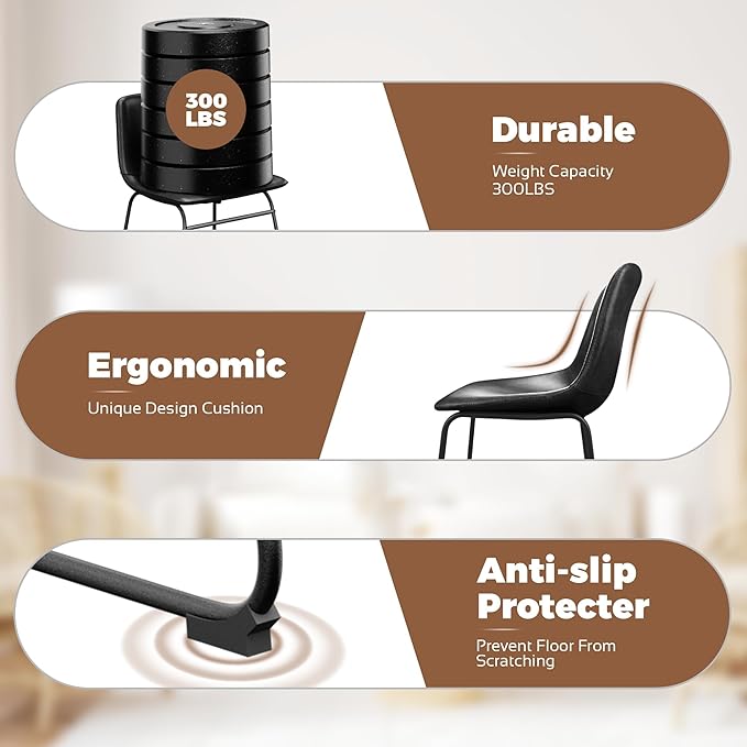 Dining Chairs Set of 2, 18 Inch Faux Leather Kitchen Dining Chairs with Back, Modern Armless Dining Room Chair with Metal Legs for Home Bistro Coffee Shops (Black)