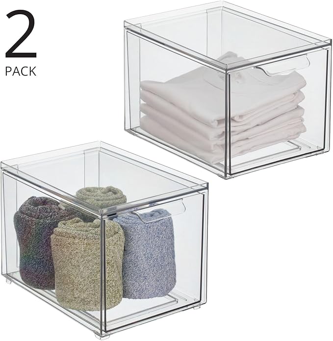 mDesign Plastic Closet Organizer Bin w/Pull Out Drawer - Slim Stackable Storage for Closet - Organization for Accessories, Bags, Totes, Small Linens, and More - Lumiere Collection - 2 Pack - Clear