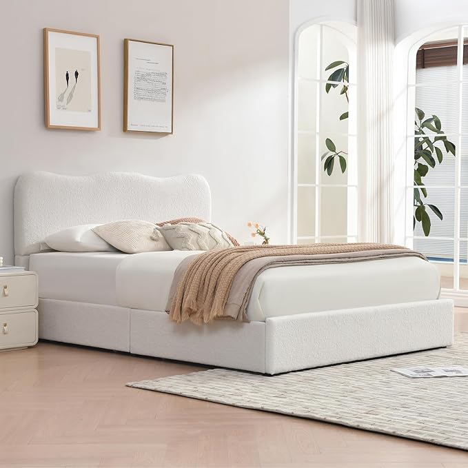 VELOCAVA Queen Size Upholstered Bed with 4 Storage Drawers, Modern Upholstered Bouclé Platform Frame with Curved Headboard, Sturdy Wood Slats, Rounded Corners, No Box Spring Needed, Cream White