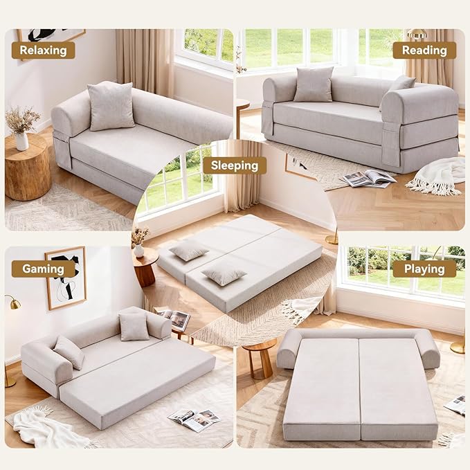 Convertible Folding Sofa Bed,78.5 Inch Faux Leather Futon Couch with Pillows & Storage Pocket,5-in-1 Queen Sleeper Sofa in a Box with Pull Out Bed,Boneless Couch for Living Room Bedroom,Beige