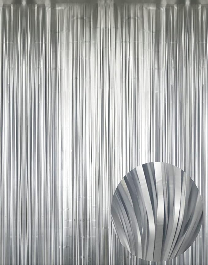 GOER 3.2 ft x 8.2 ft Metallic Tinsel Foil Fringe Curtains Party Photo Backdrop Party Streamers for Birthday,Graduation,New Year Eve Decorations Wedding Decor (3 Pcs,Matte Silver,Thick Material)