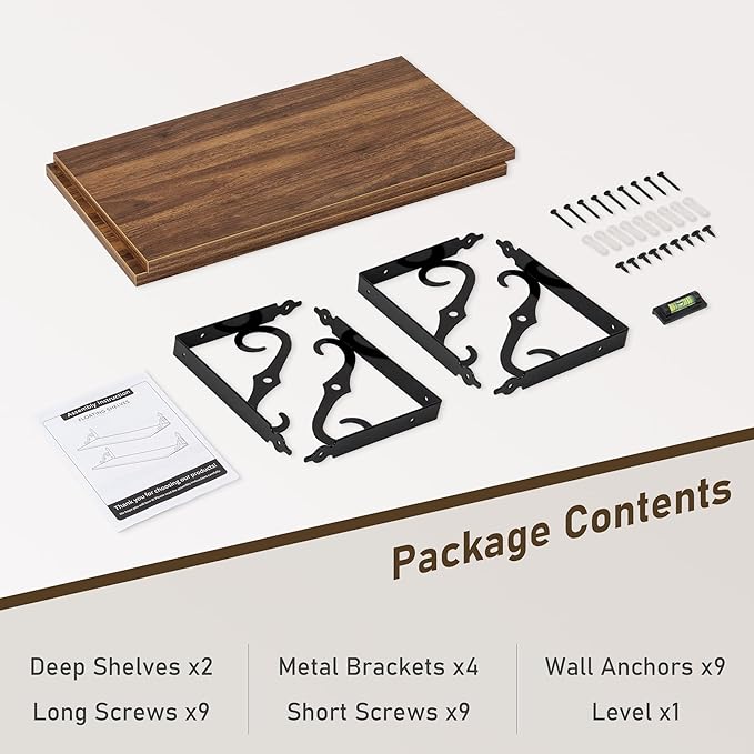 Dreamland Deep Floating Shelves, 24" W x 12" D Wall Shelves Set of 2, Wide Display Shelf Wall Mounted with Brackets, Bookshelf for Living Room, Bathroom, Bedroom, Walnut
