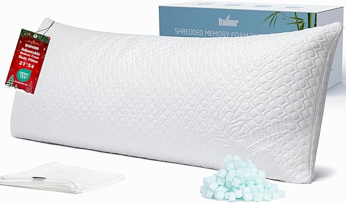 Shredded Memory Foam Full Body Pillow – Side Sleeper – Huggable Long Pillow for Body Relief – with Ultra Soft Cooling Cover, 20 x 54 inches