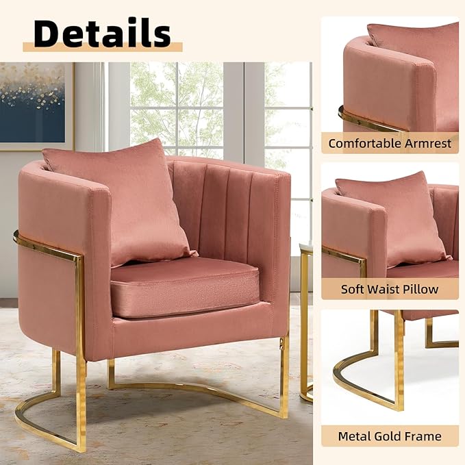 Velvet Modern Accent Chair, Upholstered Barrel Armchair Mid Century with Pillow for Living Room, Comfy Single Vanity Chair with Metal Gold Legs for Bedroom, Pink
