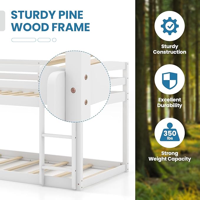 KOMFOTT Low Bunk Bed Twin Over Twin, Solid Wood Bunk Bed Frame with Built-in Ladder & Safety Guardrails, Space-Saving Low Bunk Bed for Kids, Teens, No Box Spring Needed
