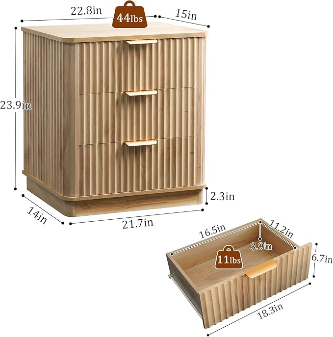 LYNCOHOME Fluted Night Stand Set of 2, Large 3 Drawer Nightand, Wood Bedside Table, Multifunctional Bed Side Table & End Table, Dresser for Bedroom, Living Room Closet, Natural