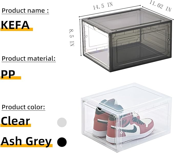 KEFA 8 Pack XXL Large Shoe Storage Box Fit for Size US 15, Shoe Organizer Clear Plastic Shoe Boxes (8 PACK CLEAR)
