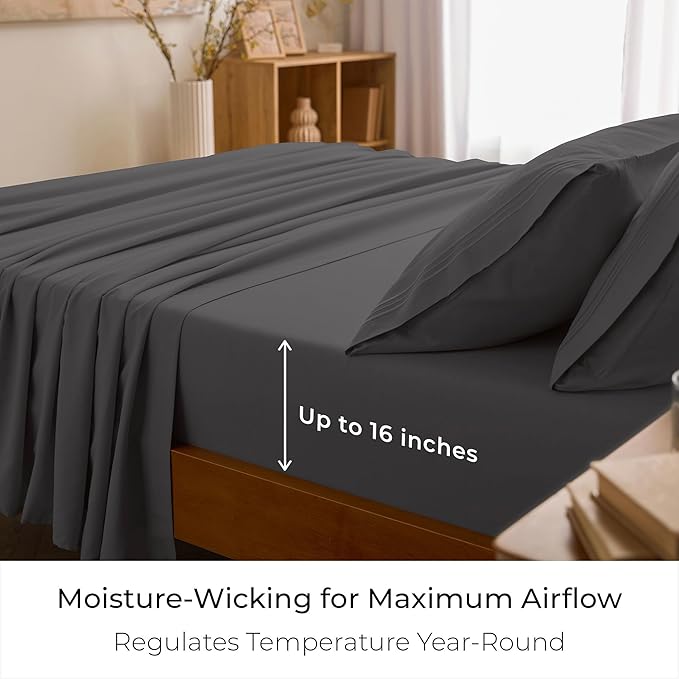 Mellanni King Sheet Set - 6-Piece Iconic Collection Bedding, (Including 4 Pillowcases), 16-Inch Deep Pocket, Easy Care, Extra Soft, Cooling Sheets, Brushed Microfiber - Gray