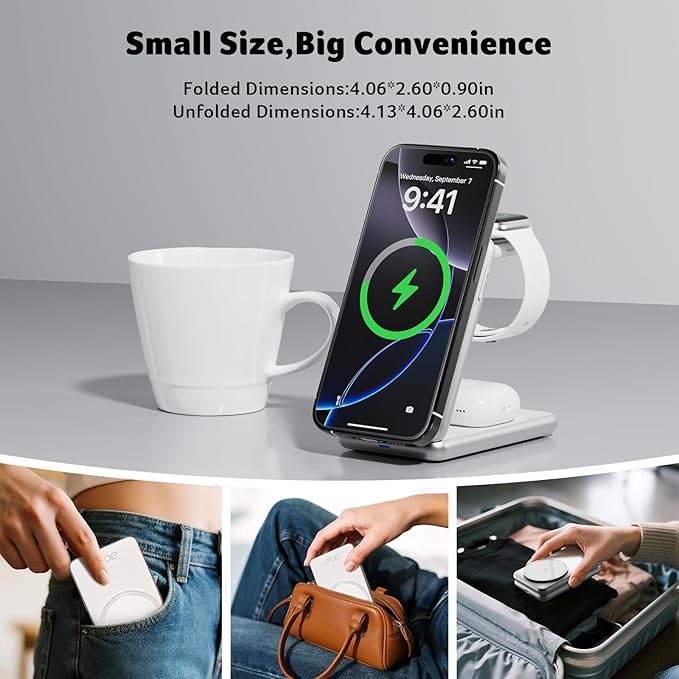 Acer 3 in 1 Charging Station for iPhone, Wireless Charger Stand,15W Fast MagSafe Charger for iPhone 17 16 15 14 13 12 Series-Apple Watch 10 9 8 7 6 5 4 3 2 SE and Ultra Series-Airpods 4 3 2 Pro Series