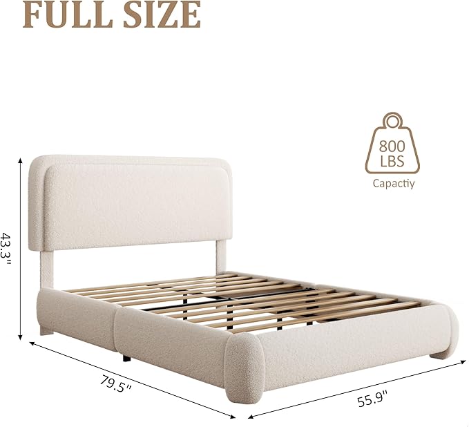 Full Size Boucle Bed Frame, Upholstered Cloud Platform Bed Frame with Headboard, Anti-Collision Soft Rounded Corners, No Box Spring Required, Easy Assembly, Noise Free, Adjustable Headboard