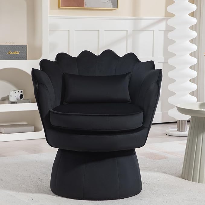 360° Swivel Accent Chairs Set of 2, Mid-Century Modern Velvet Barrel Chair, Comfy Shell Shape Arm Chair with Lumbar Pillow for Living Room, Bedroom, Office, Black