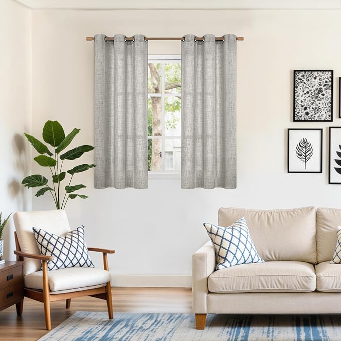 YoungsTex Short Linen Curtains 40 Inches Long for Kitchen Window Over Sink, Dark Grey Semi Sheer Drapes Light Filtering with Bronze Grommet Privacy for Bedroom Bathroom, 2 Panels, 42 X 40 Inch