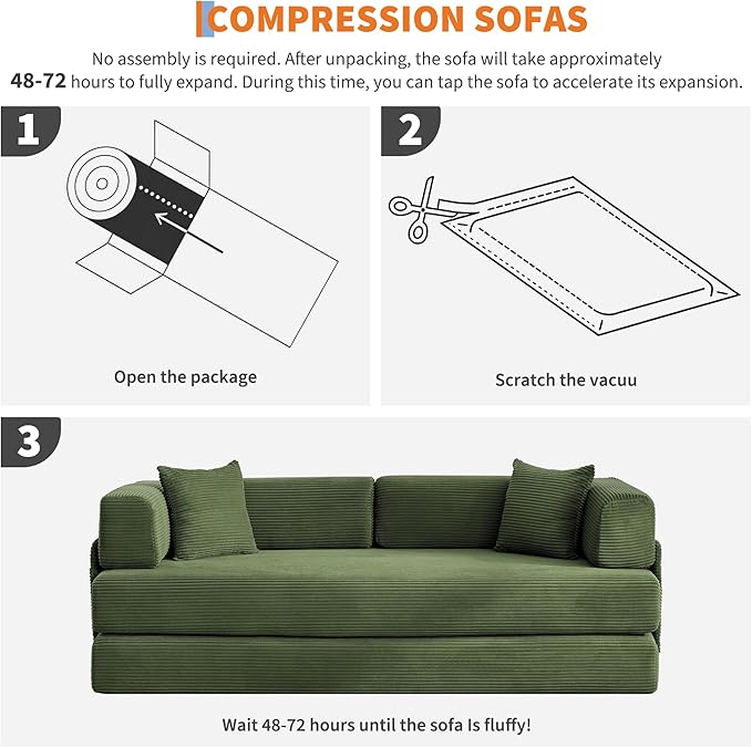 Garvee 5-in-1 Convertible Sofa Bed, 78.8" Modular Corduroy Sleeper with Sturdy Frame & No Assembly, Multi-Functional Futon for Small Space, Living Room & Guest Room (Green)