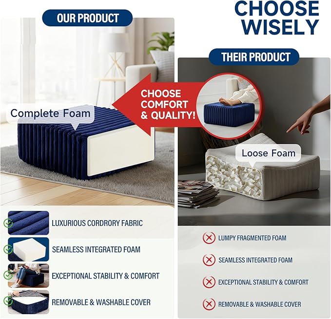 Tiita Suqre Stuffed Pouf Ottoman, Stripe Poufs 21×21×10 inch with Foam Chunk Filling, Floor Bean Bag Floor Chair Storage for Living Room Bedroom Home Decor, Navy Blue