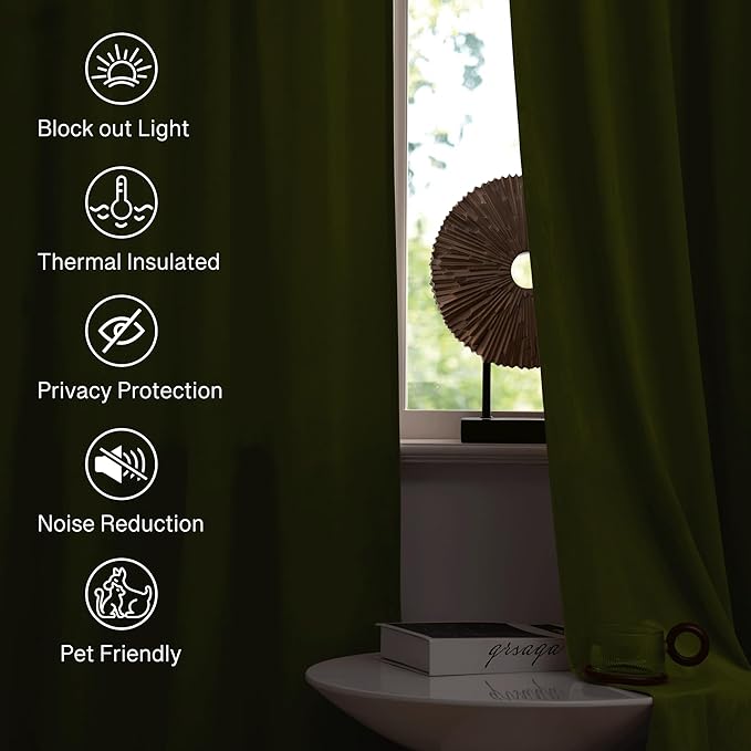 StangH Green Velvet Curtains for Living Room, 96 inches Long Thermal Insulated Blackout Window Drapes for Sliding Door, Christmas Holiday Backdrops, Olive Green, W52 x L96, 2 Panels