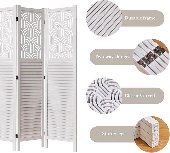 Svimi Folding Room Divider, 66.9 Inch 6 Panels Wood Carved Privacy Screens, Free Assembled Freestanding Portable Separation Wall for Home Office Restaurant Bedroom (White)