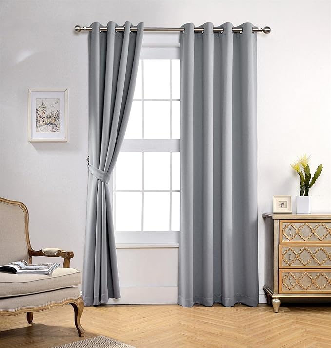 MIUCO Room Darkening Soild Grommet Blackout Curtains for Kids Bedroom Window Curtains Set of 2 52x84 Inch Silver, Bonus 2 Tie Backs Included