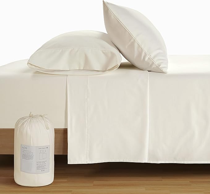 LANE LINEN 600 Thread Count 100% Cotton Bedding Sheet & Pillowcases California King, Soft & Comfy Sateen Weave Hotel Style Thick California King Sheets Set, Machine Wash - Ivory