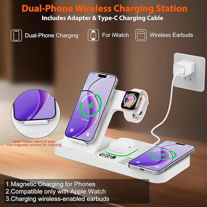 Dual Phone Magnetic Wireless Charging Station for Apple Devices/Apple Ecosystem,with Auto-Switch 7-Color Light & Clock, Compatible with iPhone 17/16/15, for iWatch 11/10/9 & AirPods Pro3（White
