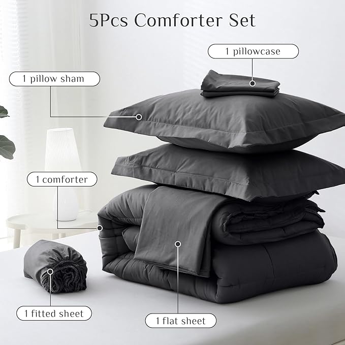 JOLLYVOGUE Twin Comforter Set, Ultra-Soft Bed in a Bag Twin Size 5 Pieces, Oeko-TEX Certified Bedding Set with Down Alternative Comforter, Sheets, Pillowcases & Shams, Dark Grey