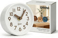 Driini Wooden Analog Desktop Clock – 4.3 in. Decorative Pinewood, No-Tick Design – Easy to Read Silent Sweep Mantle Clock – Quiet Tabletop Clocks with Wood Body, Hands, & Battery Cover; White